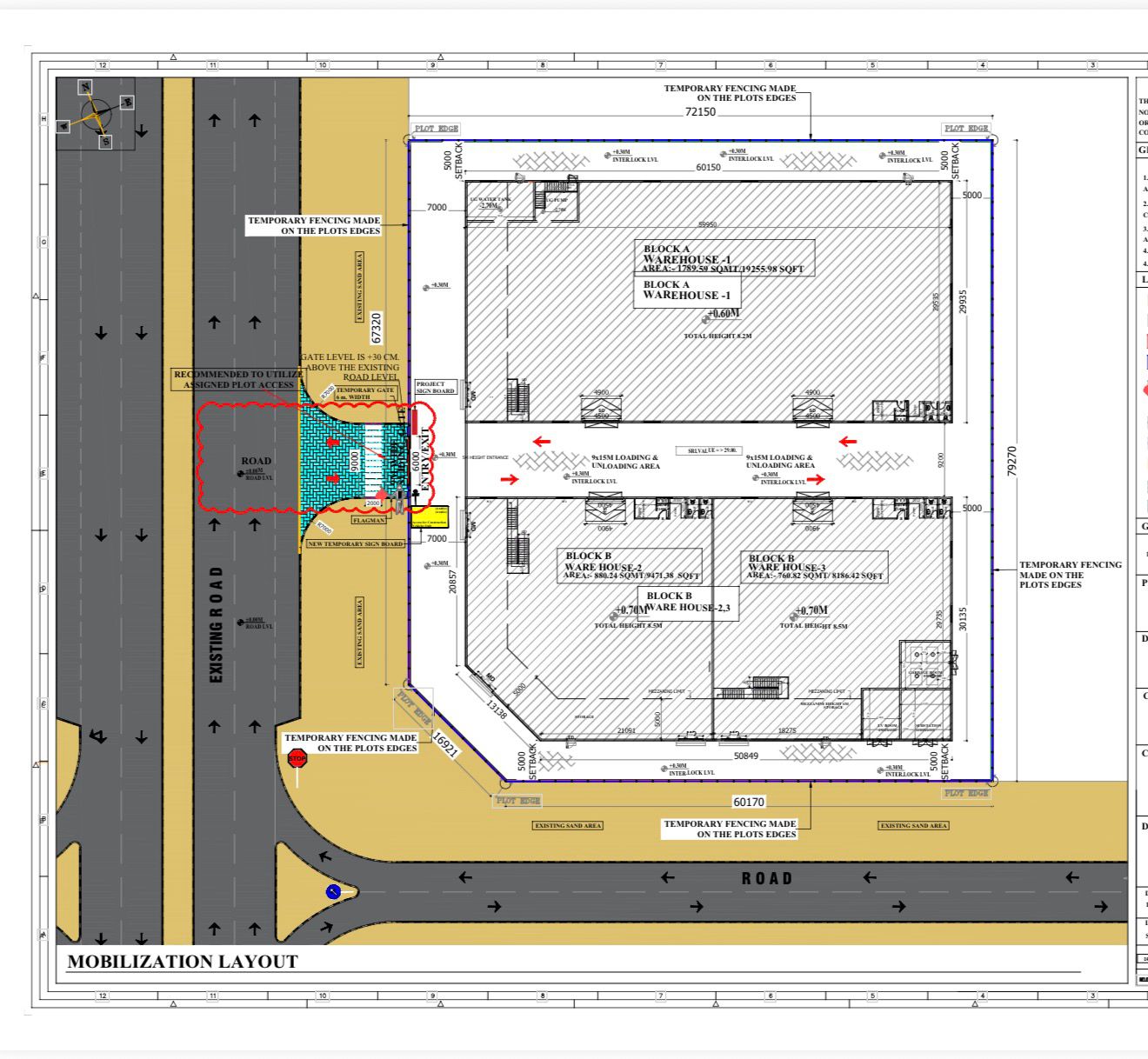 Dubai Industrial City warehouse project mobilization layout - site plan showing Block A and Block B warehouses with loading areas